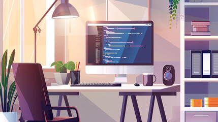 A programmer developing and designing a website, utilizing coding technologies while working from home.