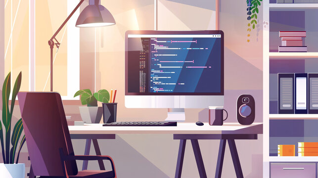 A programmer developing and designing a website, utilizing coding technologies while working from home.