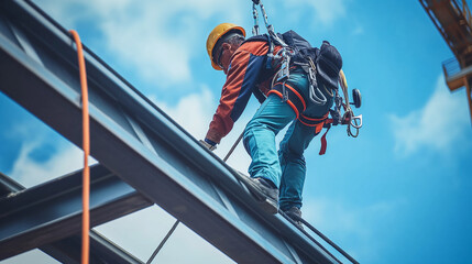 A construction worker carefully navigating a narrow beam at a significant height, secured by a safety harness and line. The worker is fully equipped with safety gear, highlighting