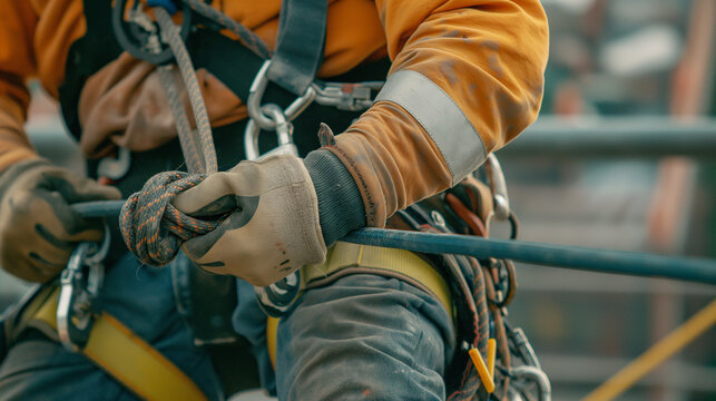A close-up shot of a construction worker's hands as they attach a safety line to a secure anchor point. The worker is equipped with gloves, a harness, and a tool belt, emphasizing