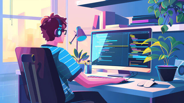 A programmer developing and designing a website, utilizing coding technologies while working from home.