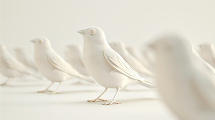 Fototapeta premium White Bird Flock: A minimalist and serene image of a flock of white birds in a row, symbolizing unity, peace, and harmony. The soft.