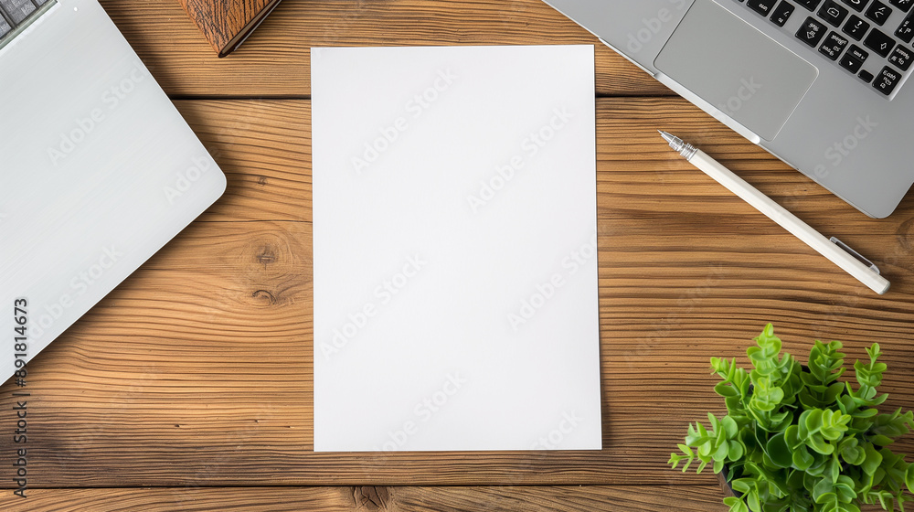 Poster top view of a pristine, empty blank white vertical resume paper document mockup template on a contem