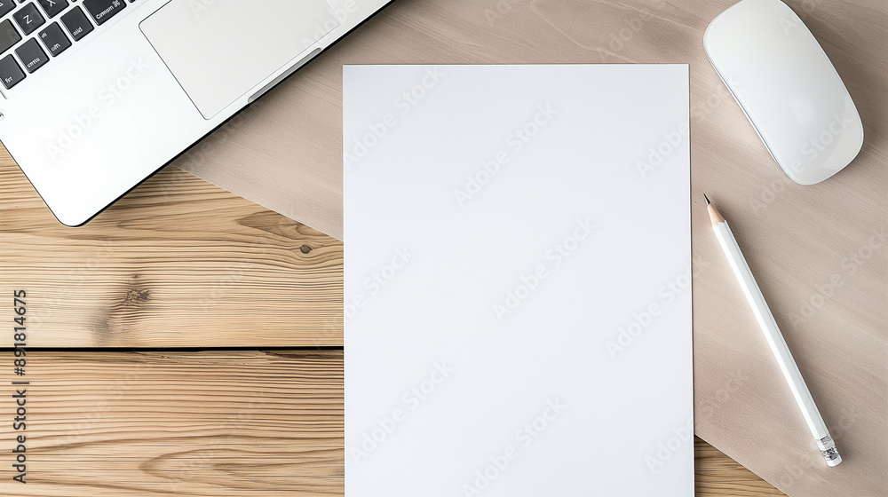 Aufkleber an empty blank white vertical resume paper document mockup template from a top view on a minimalist 
