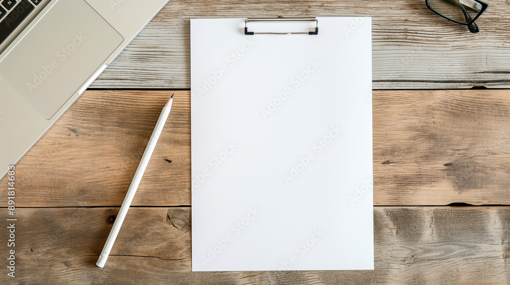 Poster top view of a pristine, empty blank white vertical resume paper document mockup template on a contem