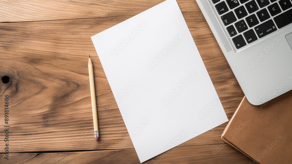 Aufkleber an empty blank white vertical resume paper document mockup template from a top view on a minimalist 