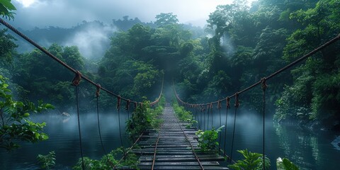 Obraz premium Misty Autumn Bridge in Colorful Forest