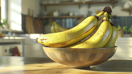 A bunch of ripe yellow bananas on a rustic wooden table