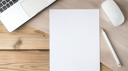 An empty blank white vertical resume paper document mockup template from a top view on a minimalist wooden office desk, placed next to an elegant laptop notebook with a pencil lyin