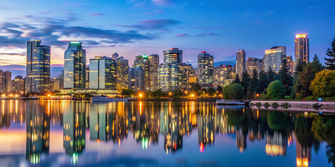 Fototapeta premium Panoramic view of Vancouver's majestic skyline with modern skyscrapers, lush greenery, and sparkling water reflections at dusk, showcasing the city's harmony with nature.