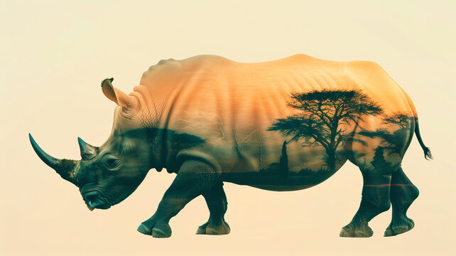 Wild white rhinoceros grazes in the golden sunlight, a symbol of endangered wildlife