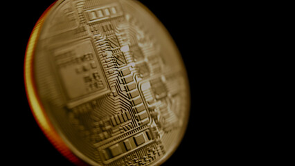 Close up of golden bitcoin coin spinning on the red background. Digital cryptocurrency virtual money. Blockchain modern technology. P2P bitcoin network. BTC logo. Mining and investment concept.