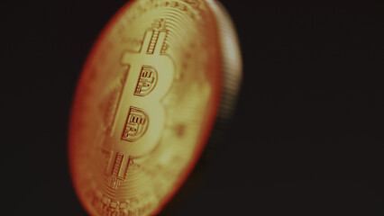 Close up of golden bitcoin coin spinning on the red background. Digital cryptocurrency virtual money. Blockchain modern technology. P2P bitcoin network. BTC logo. Mining and investment concept.