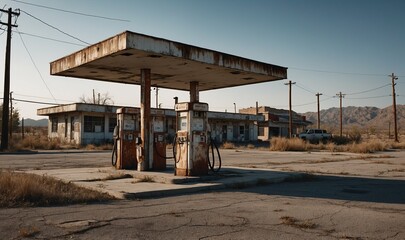 Abandoned gas station in desolate remote desert region