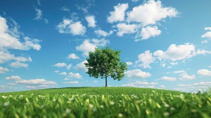 Obraz premium Single Tree on a Grassy Hill with Blue Sky and White Clouds