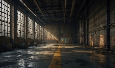 Spacious deserted industrial warehouse with large windows