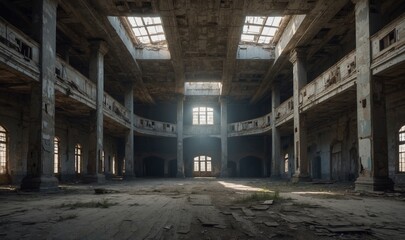 Abandoned grand hall with columns and broken windows