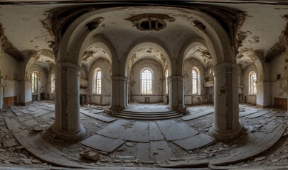 Fototapeta premium Desolated circular hall with archways and domed roof