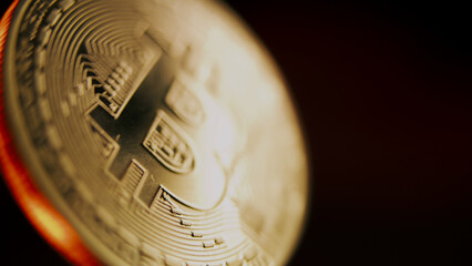 Close up of golden bitcoin coin spinning on the red background. Electronic cryptocurrency virtual money. Blockchain modern technology. P2P bitcoin network. BTC logo. Mining and investment concept.