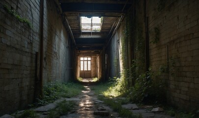 Long, abandoned corridor with overgrown vegetation