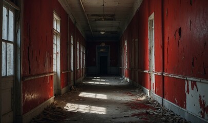 Fototapeta premium Abandoned hallway with peeling red paint on walls.