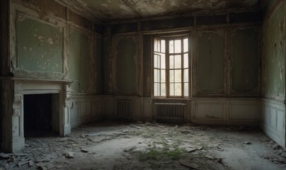 Fototapeta premium Abandoned room with green walls and large window