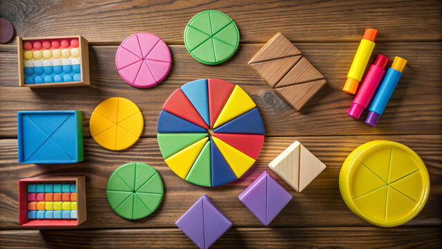 Vibrant colorful math fractions arranged on a wooden background, surrounded by various geometry and mathematics materials, promoting interesting learning for preschool kids, daytime education.
