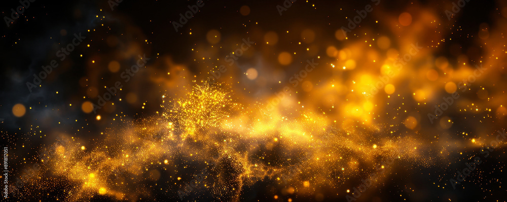 Poster elegant golden dust particle background with abstract sparkling light effects on black, mystical and