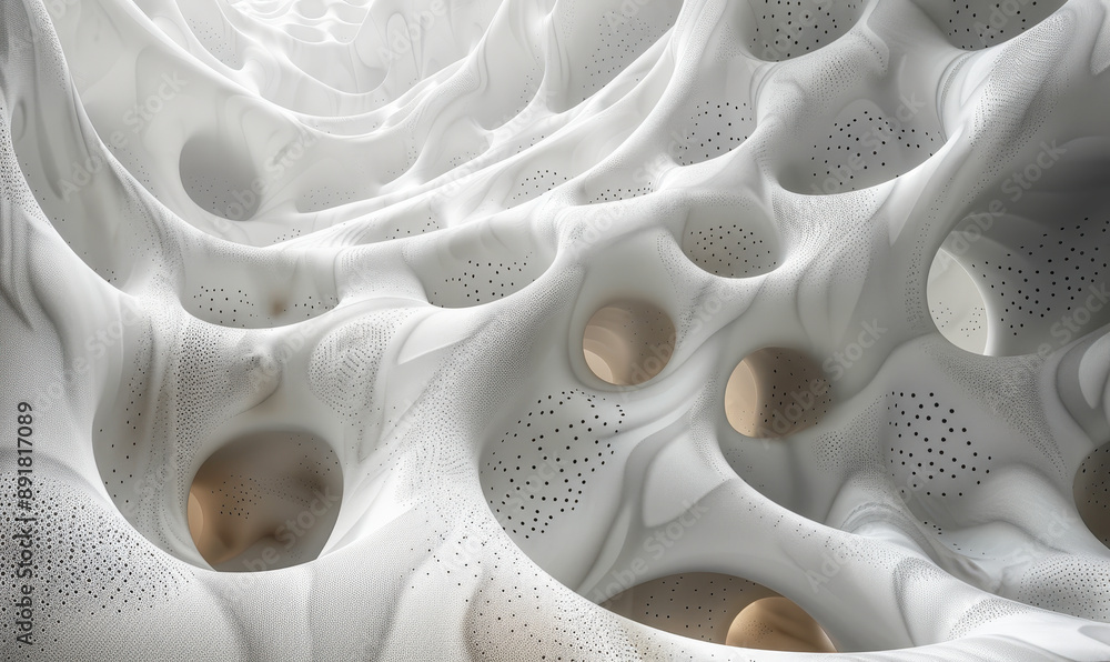 Poster abstract parametric design with complex white perforated structures creating depth and light interac