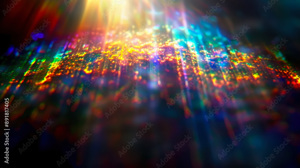 Poster vivid rainbow lens flare with sun burst effect on dark background - colorful abstract optical rays a