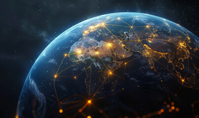 Obraz premium Glowing Planet with Yellow Network Connecting Cities on Black Background Depicting Global Communication, Nighttime Visualization, Digital Connectivity, and Urban Interconnectivity