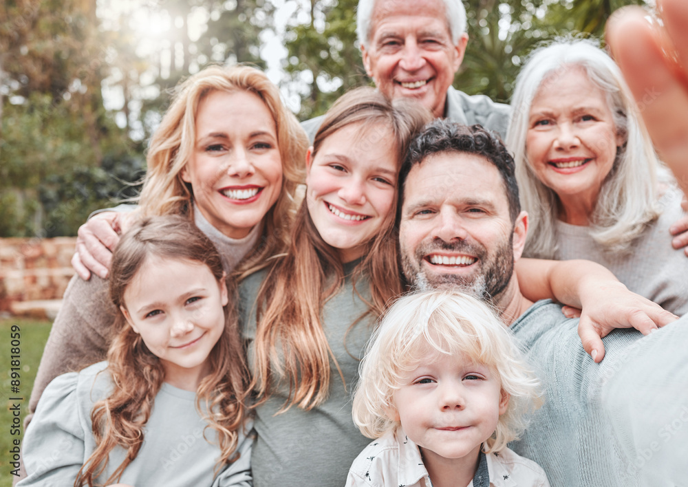 Sticker Selfie, children and parents with grandparents in portrait with embrace, bonding or generations outdoor in home. Family, hugging and photography for happy memory, support or love in backyard of house