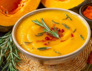 A bowl of creamy squash soup garnished with rosemary and paprika