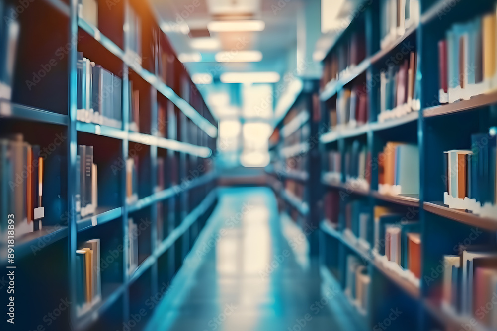 Poster abstract blurred empty college library interior space. blurry classroom with bookshelves by defocuse