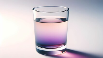 A glass cup containing a gradient mixture of transparent glowing purple liquid on an abstract white background