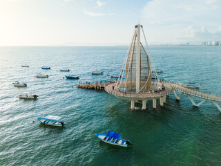 Tourists at the Puerto Vallarta Pier Surrounded by Water Taxis. Jalisco, Mexico