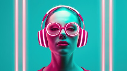 A cybernetic portrait set against a neon-lit backdrop, showcasing futuristic themes with vibrant hues that evoke a sense of technological advancement and digital innovation.