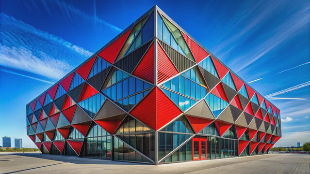 Modern polygon-shaped cube building exterior features dark walls and vibrant red windows, creating a striking contrast against a clear blue sky background.