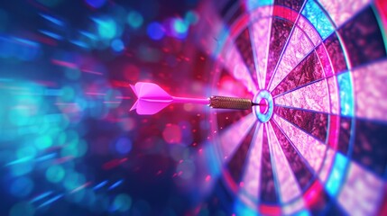 Precision Dart Hitting Bullseye - Close-up of a dart hitting the bullseye on a brightly lit dartboard, symbolizing accuracy and achievement.