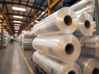 Rolls of polyethylene sheets stacked neatly in a warehouse, showcasing their industrial packaging and applications.