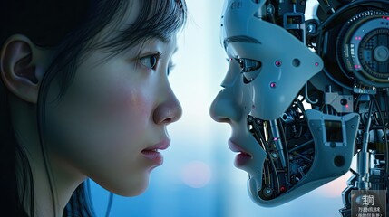 Fototapeta premium Woman in her thirties looking at a female humanoid mecha robot that is her digital bio-mechanical reflection in the future world, Generative Ai 