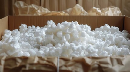 Polyethylene foam packing peanuts surrounding a fragile item in a box, ensuring safe transportation.