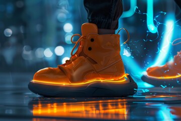 Close-up of glowing orange futuristic sneakers worn by a child in a neon city