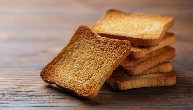 Square bread rusks pile, whole wheat toast slices on wooden table. Tasty food.