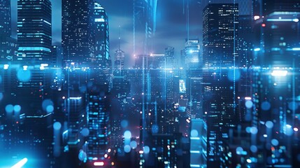 Futuristic Cityscape with Digital Lines and Lights