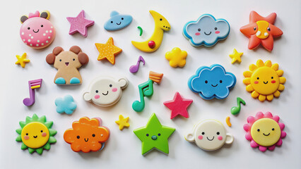 Vibrant, whimsical magnets in fun shapes like animals, clouds, and stars hold up colorful notes on a clean, bright white background, evoking creativity and playfulness.