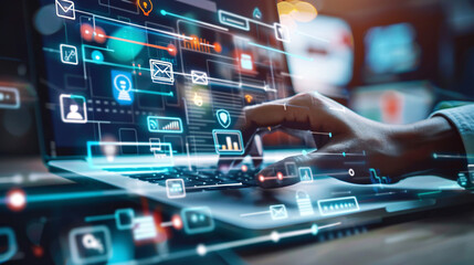 Digital online marketing and commerce sale concept featuring a woman using a tablet for online shopping, with icons for customer network connections on a holographic virtual screen