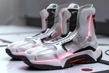 Close-up of futuristic white sneakers with red luminous soles