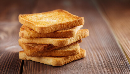 Square bread rusks pile, whole wheat toast slices on wooden table. Tasty food.
