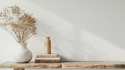 Minimalistic design composition of dried flowers in a stylish vase, books, and a wooden coffee table in the white interior of a living room, leaving open space for text. 